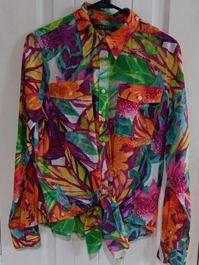 Lauren Ralph Lauren Colorful Tropical Tie-Front Button Shirt